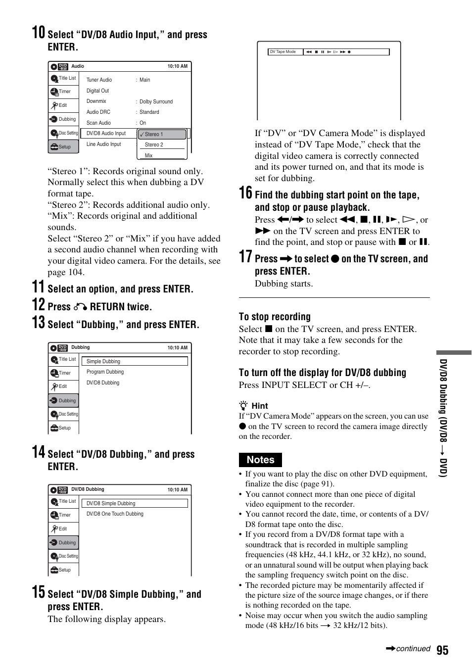 Select “dv/d8 audio input,” and press enter, Select an option, and press enter, Press o return twice | Select “dubbing,” and press enter, Select “dv/d8 dubbing,” and press enter, Select “dv/d8 simple dubbing,” and press enter | Sony RDR-VX530 User Manual | Page 95 / 132