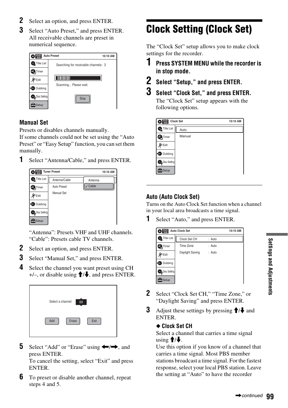 Clock setting (clock set), Manual set, Select “setup,” and press enter | Select “clock set,” and press enter, Auto (auto clock set) | Sony RDR-VX530 User Manual | Page 99 / 132