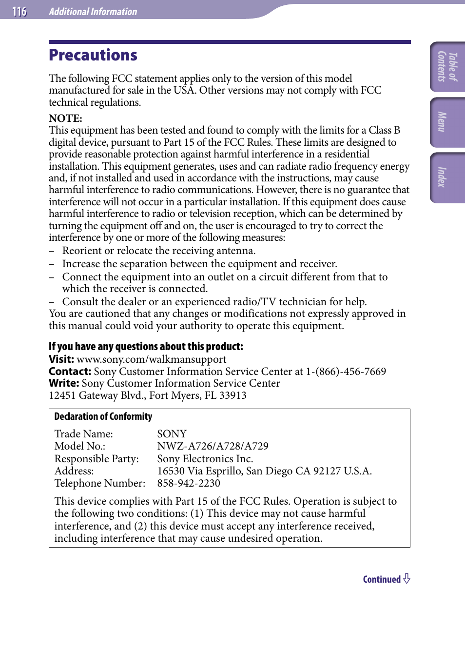Additional information, Precautions | Sony NWZ-A728PNKBB User Manual | Page 116 / 133