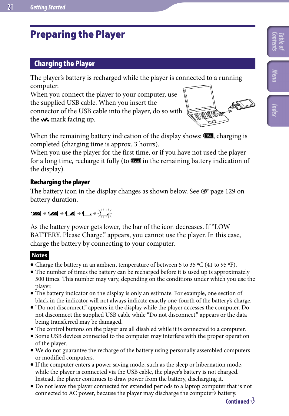 Getting started, Preparing the player, Charging the player | Sony NWZ-A728PNKBB User Manual | Page 21 / 133