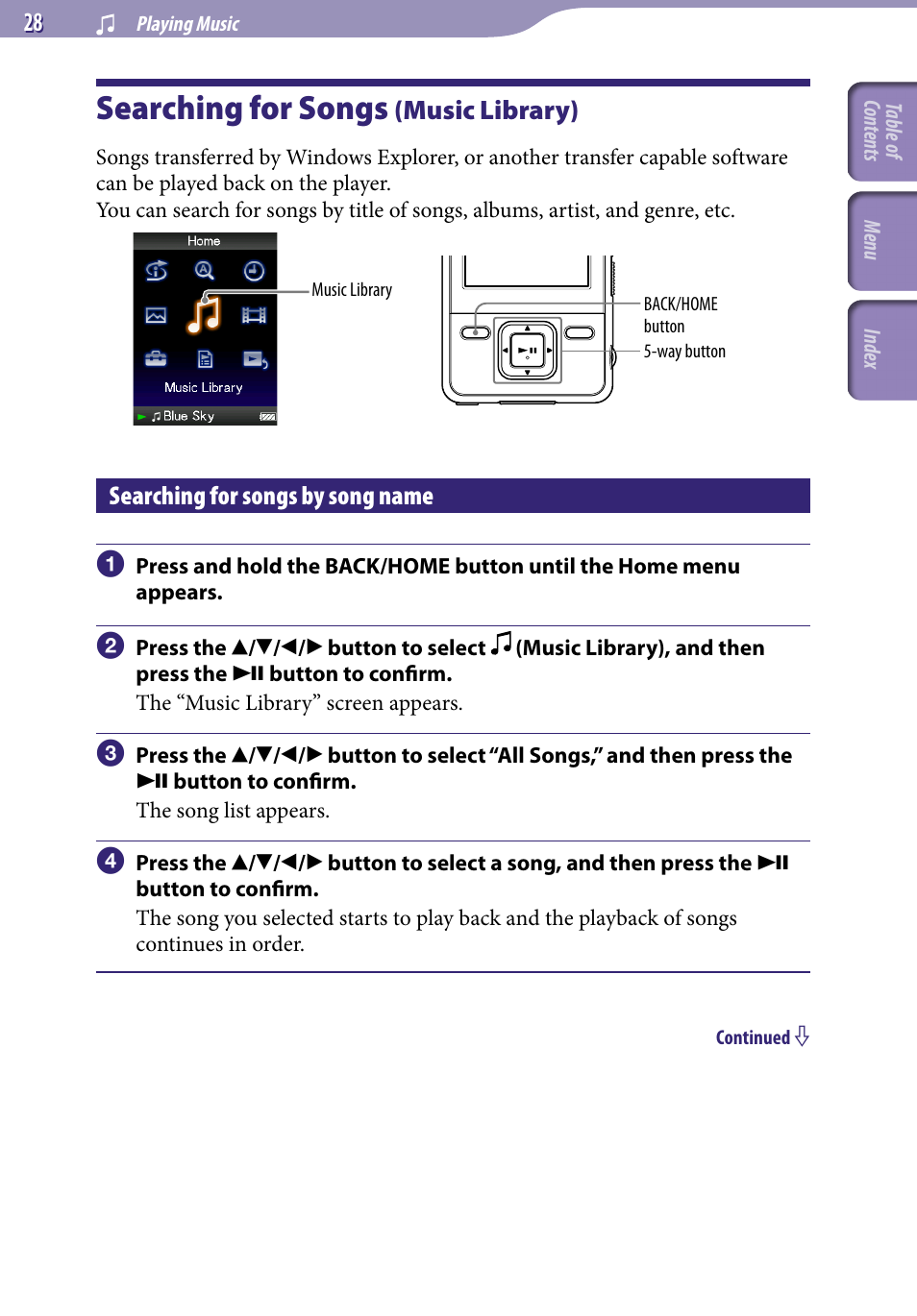 Playing music, Searching for songs (music library), Searching for songs by song name | Searching for songs, Music library), All songs | Sony NWZ-A728PNKBB User Manual | Page 28 / 133