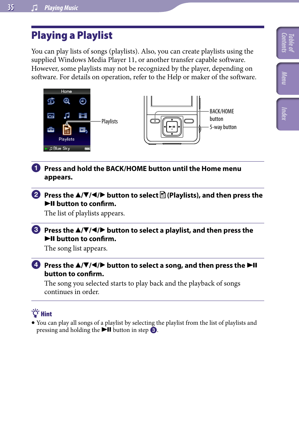 Playing a playlist, Playlists | Sony NWZ-A728PNKBB User Manual | Page 35 / 133