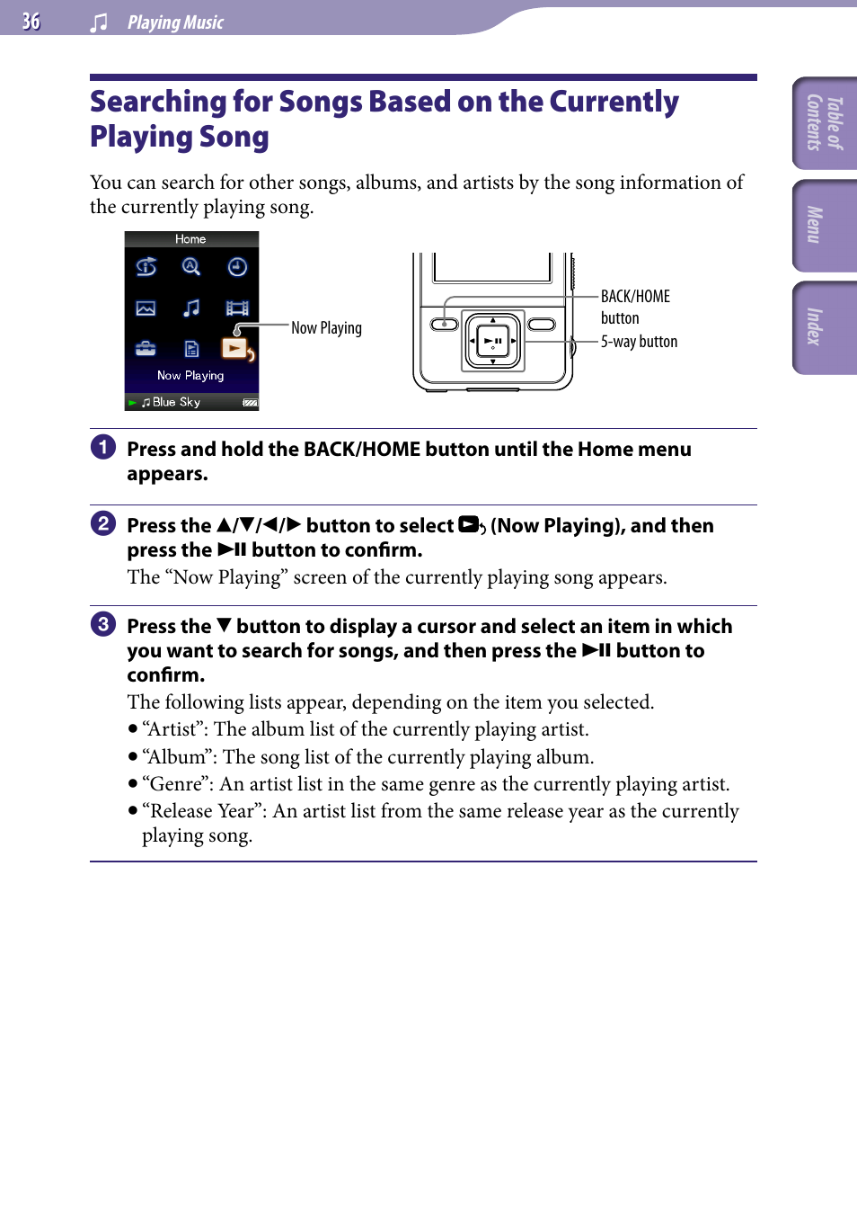 Searching for songs based on the, Currently playing song | Sony NWZ-A728PNKBB User Manual | Page 36 / 133