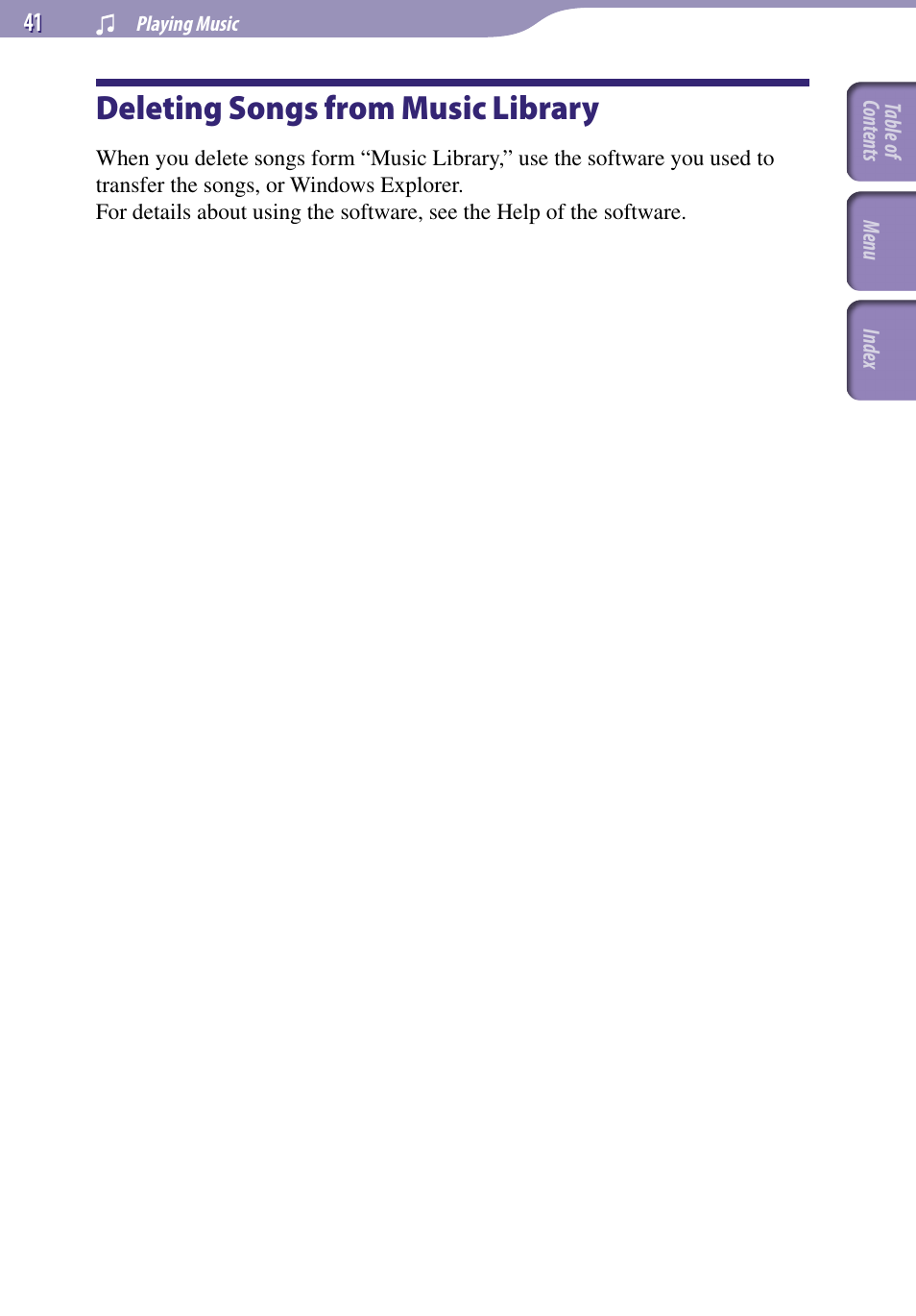 Deleting songs from music library | Sony NWZ-A728PNKBB User Manual | Page 41 / 133