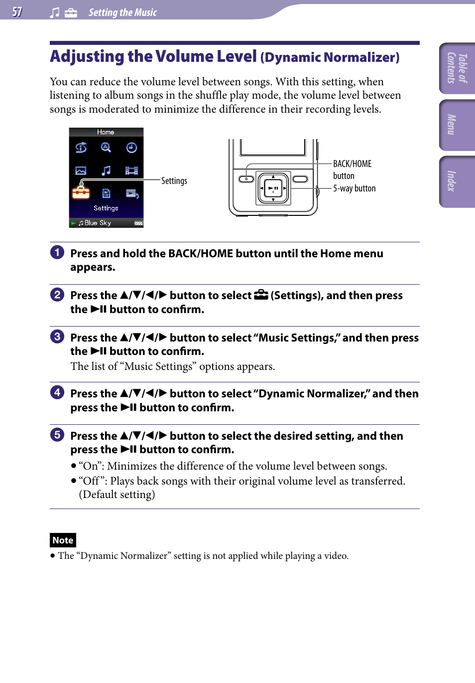 Adjusting the volume level (dynamic normalizer), Adjusting the volume level, Dynamic normalizer) | Dynamic normalizer | Sony NWZ-A728PNKBB User Manual | Page 57 / 133