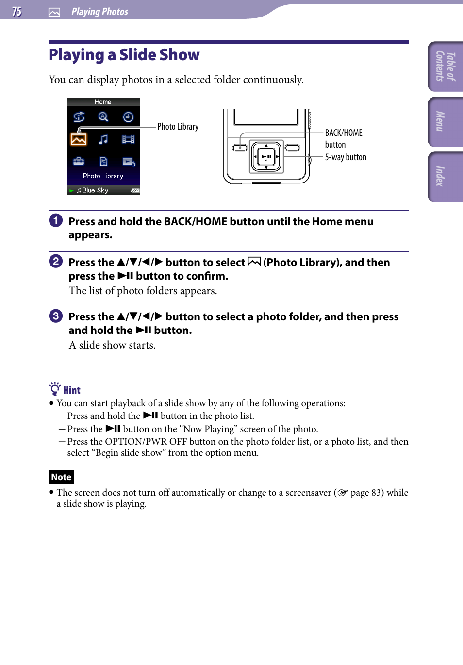 Playing a slide show | Sony NWZ-A728PNKBB User Manual | Page 75 / 133