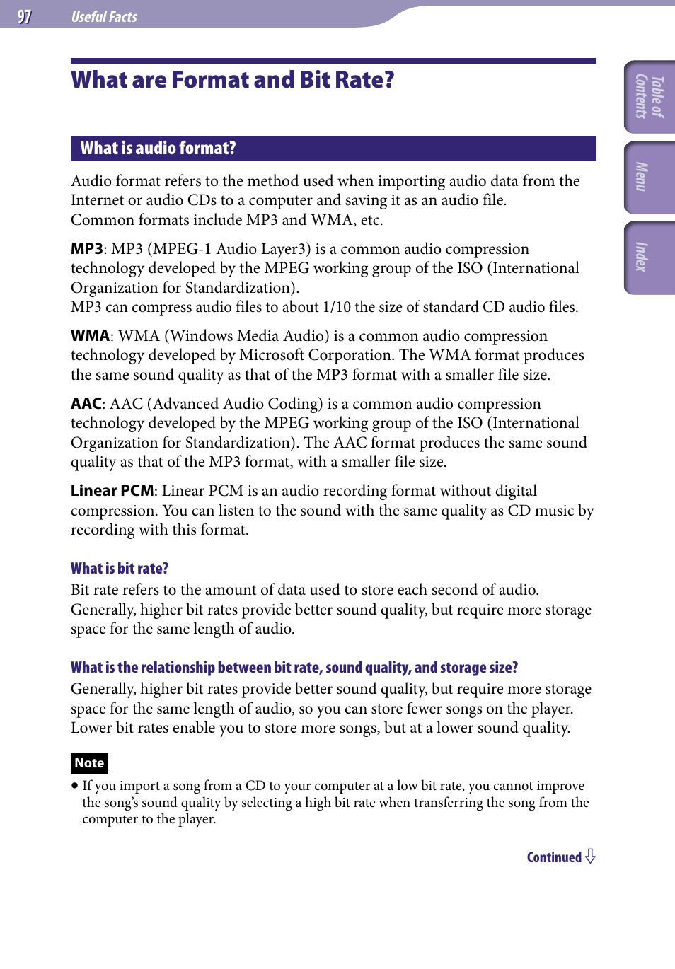 What are format and bit rate, What is audio format | Sony NWZ-A728PNKBB User Manual | Page 97 / 133