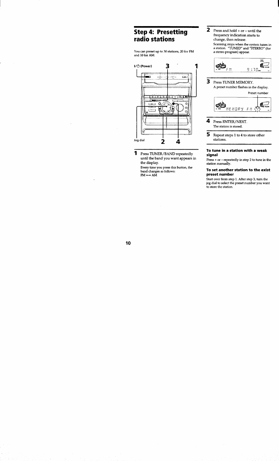 Step 4: presetting radio stations, To tune in a station with a weak signal, To set another station to the exist preset number | Sony MHC-RXD7AV User Manual | Page 10 / 44