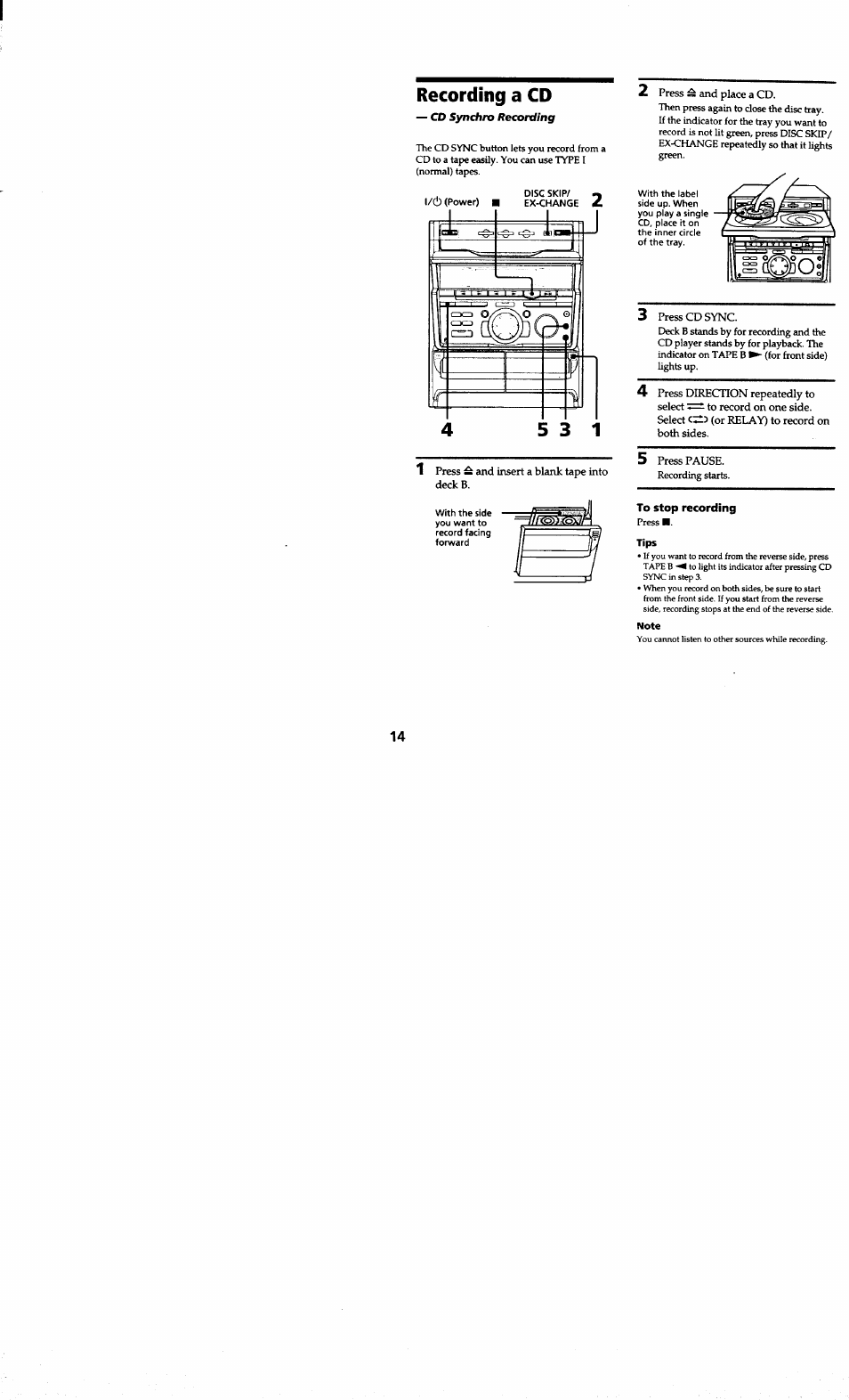 Recording a cd, To stop recording, Tips | Note | Sony MHC-RXD7AV User Manual | Page 14 / 44