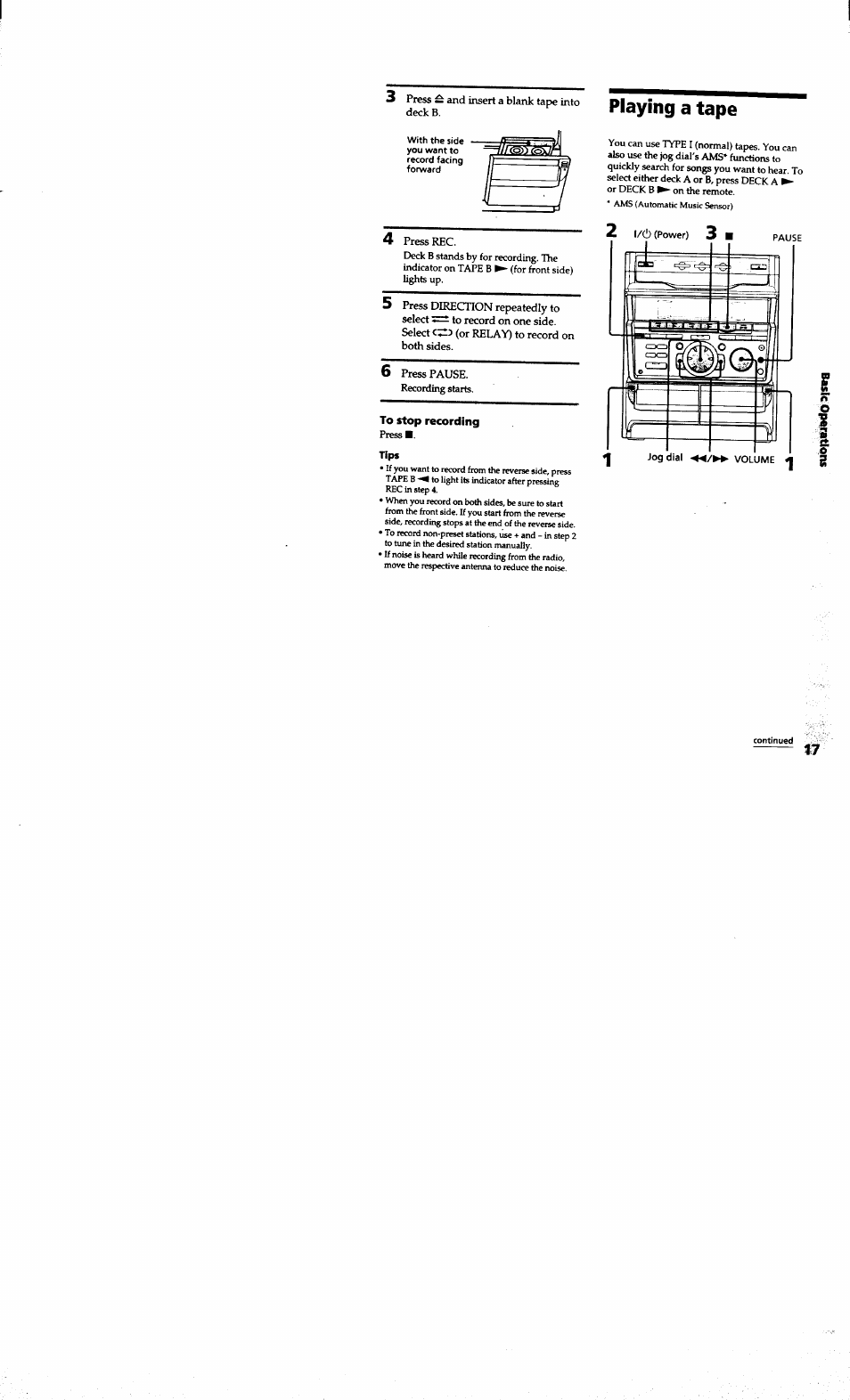 Playing a tape, To stop recording, Tips | Sony MHC-RXD7AV User Manual | Page 17 / 44