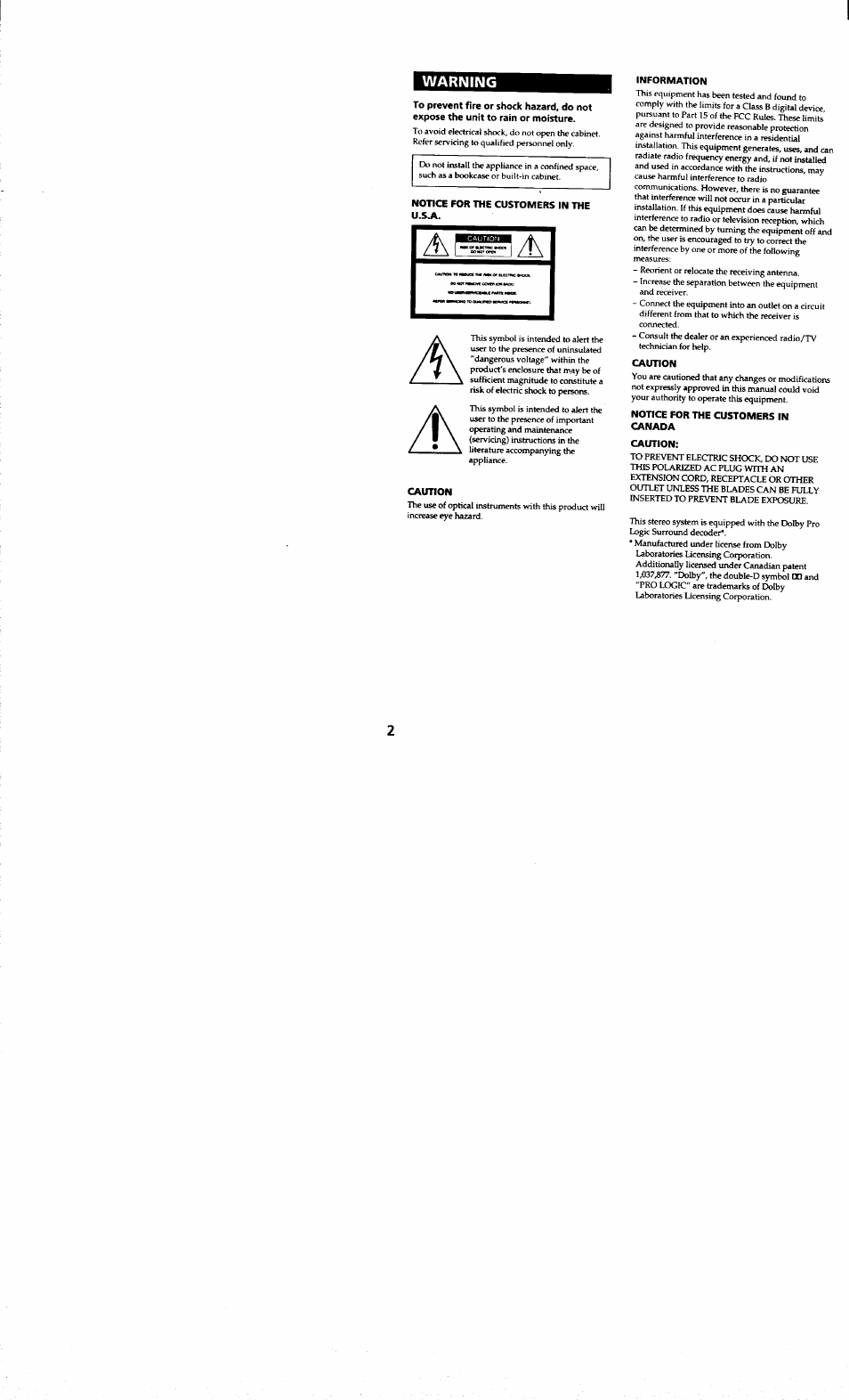 Warning, Notice for the customers in the u.sjv, Caution | Information, Notice for the customers in canada | Sony MHC-RXD7AV User Manual | Page 2 / 44