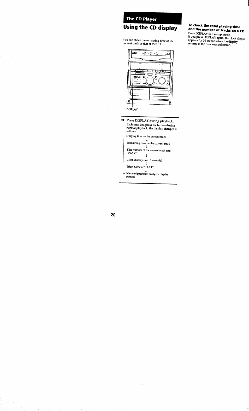 The cd player, Using the cd display | Sony MHC-RXD7AV User Manual | Page 20 / 44