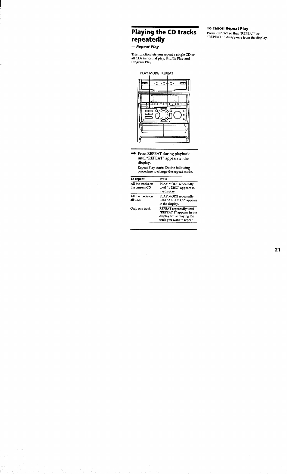 Playing the cd tracks repeatedly, To cancel repeat play | Sony MHC-RXD7AV User Manual | Page 21 / 44