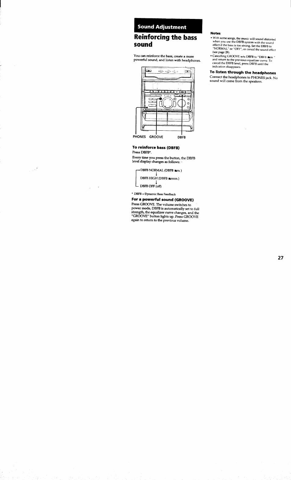 Sound adjustment, Reinforcing the bass sound, To listen through the headphones | To reinforce bass (dbfb), For a powerful sound (groove) | Sony MHC-RXD7AV User Manual | Page 27 / 44