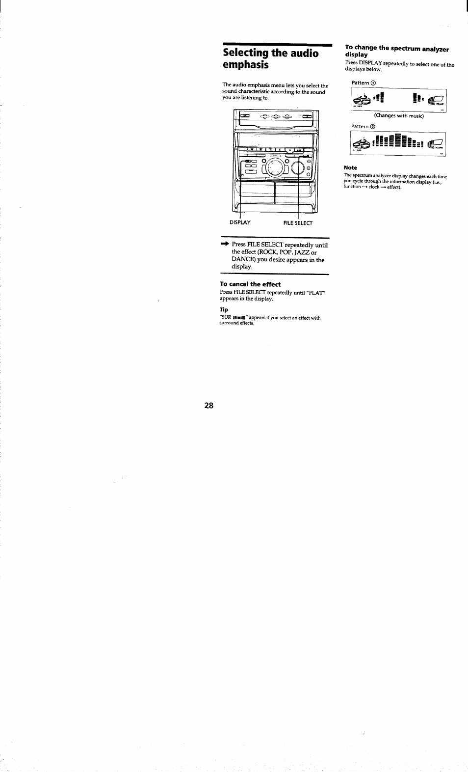 Selecting the audio emphasis, To change the spectrum analyzer display, Note | To cancel the effect | Sony MHC-RXD7AV User Manual | Page 28 / 44