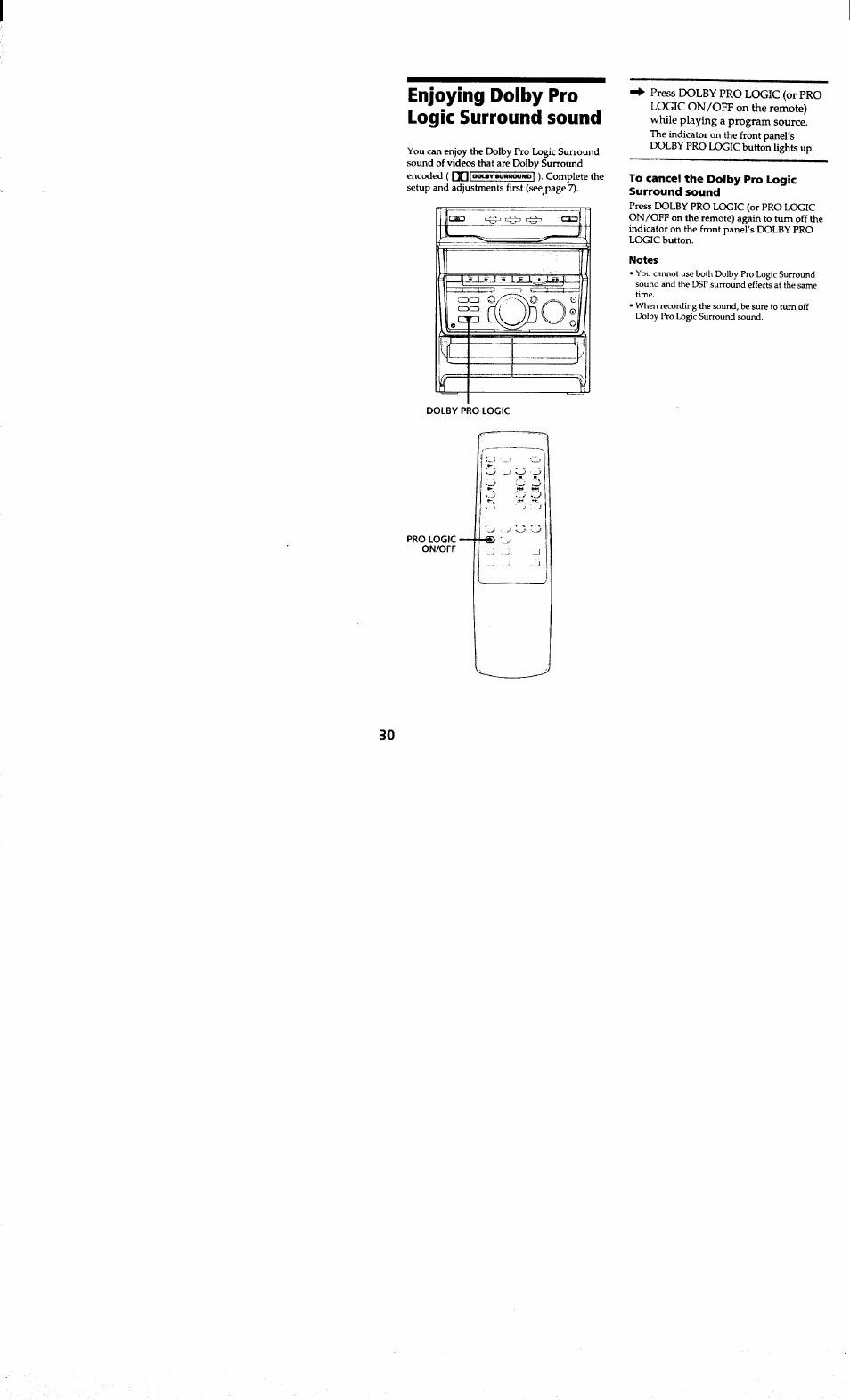 Enjoying dolby pro logic surround sound, To cancel the dolby pro logic surround sound, Notes | Enjoying dolby pro logic surroimd, Sound | Sony MHC-RXD7AV User Manual | Page 30 / 44