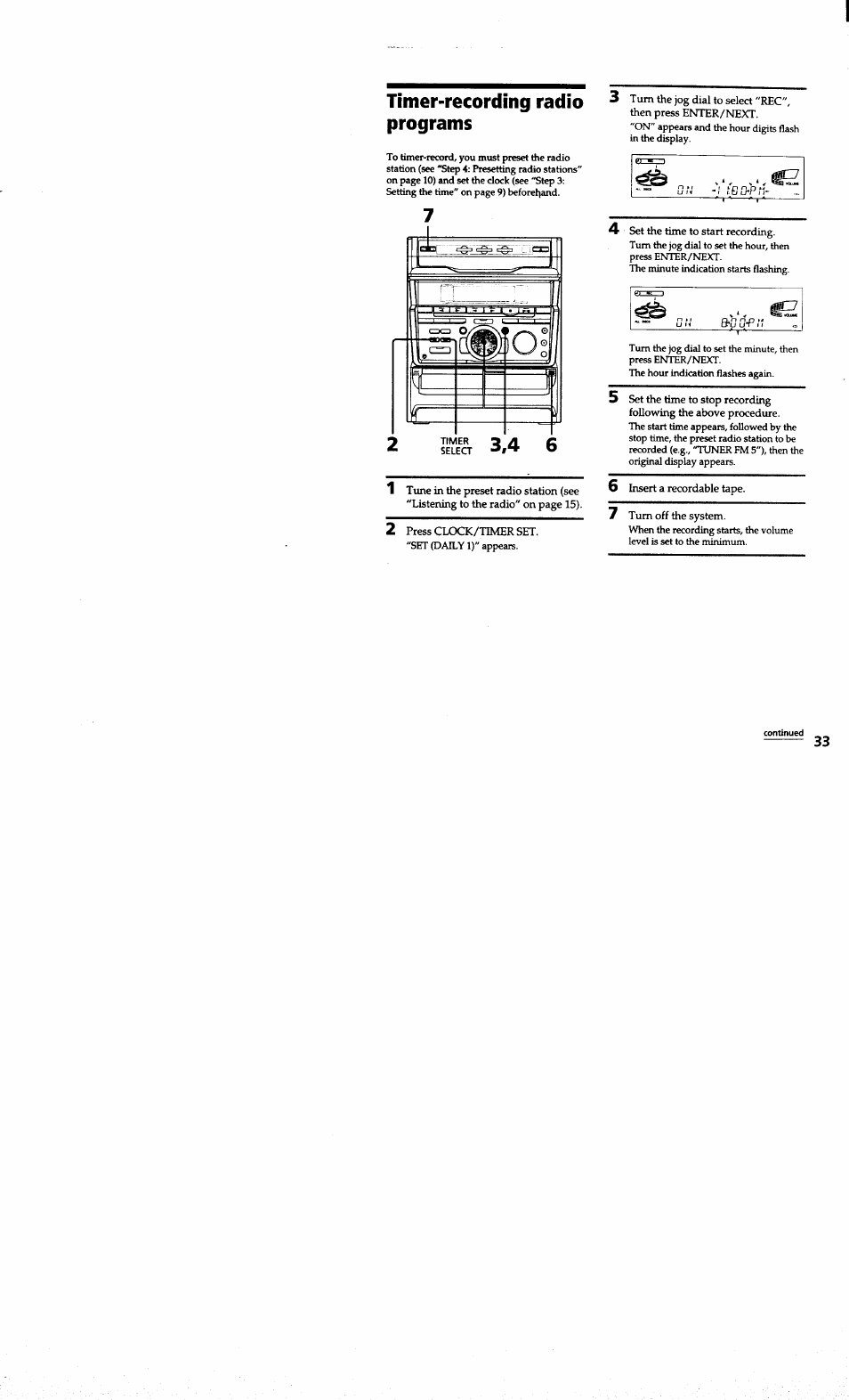 Timer-recording radio programs, 2 press clcx3c/timer set, 6 insert a recordable tape | 7 turn off the system | Sony MHC-RXD7AV User Manual | Page 33 / 44