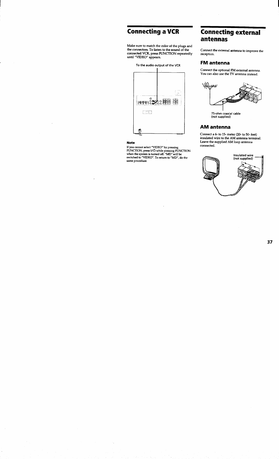 Connecting a vcr, Connecting external antennas, Fm antenna | Am antenna, Coimecting a vcr connecting external antennas | Sony MHC-RXD7AV User Manual | Page 37 / 44
