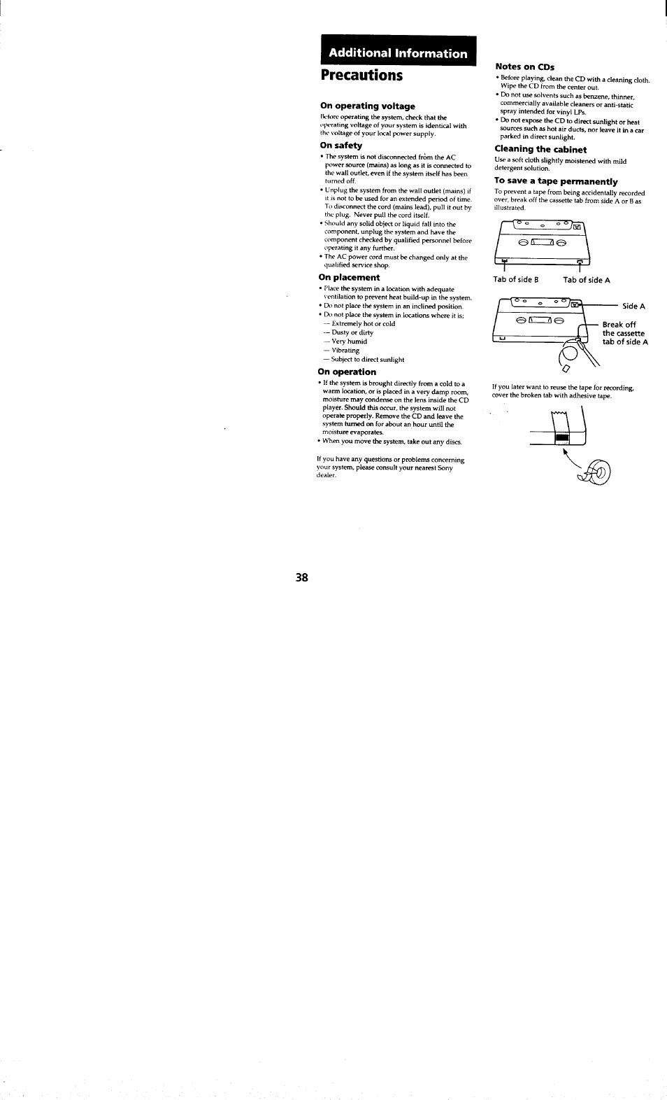 Additional information, Precautions, On operating voltage | On safety, On placement, On operation, Notes on cds, Cleaning the cabinet, To save a tape permanently | Sony MHC-RXD7AV User Manual | Page 38 / 44