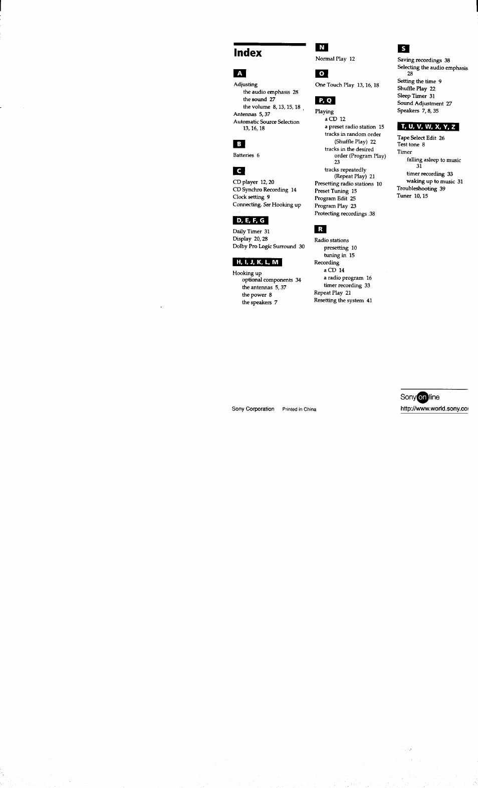 Index, H, i, j, k, l, m, T, u, v, w, x, y, z | Wnnntm | Sony MHC-RXD7AV User Manual | Page 44 / 44