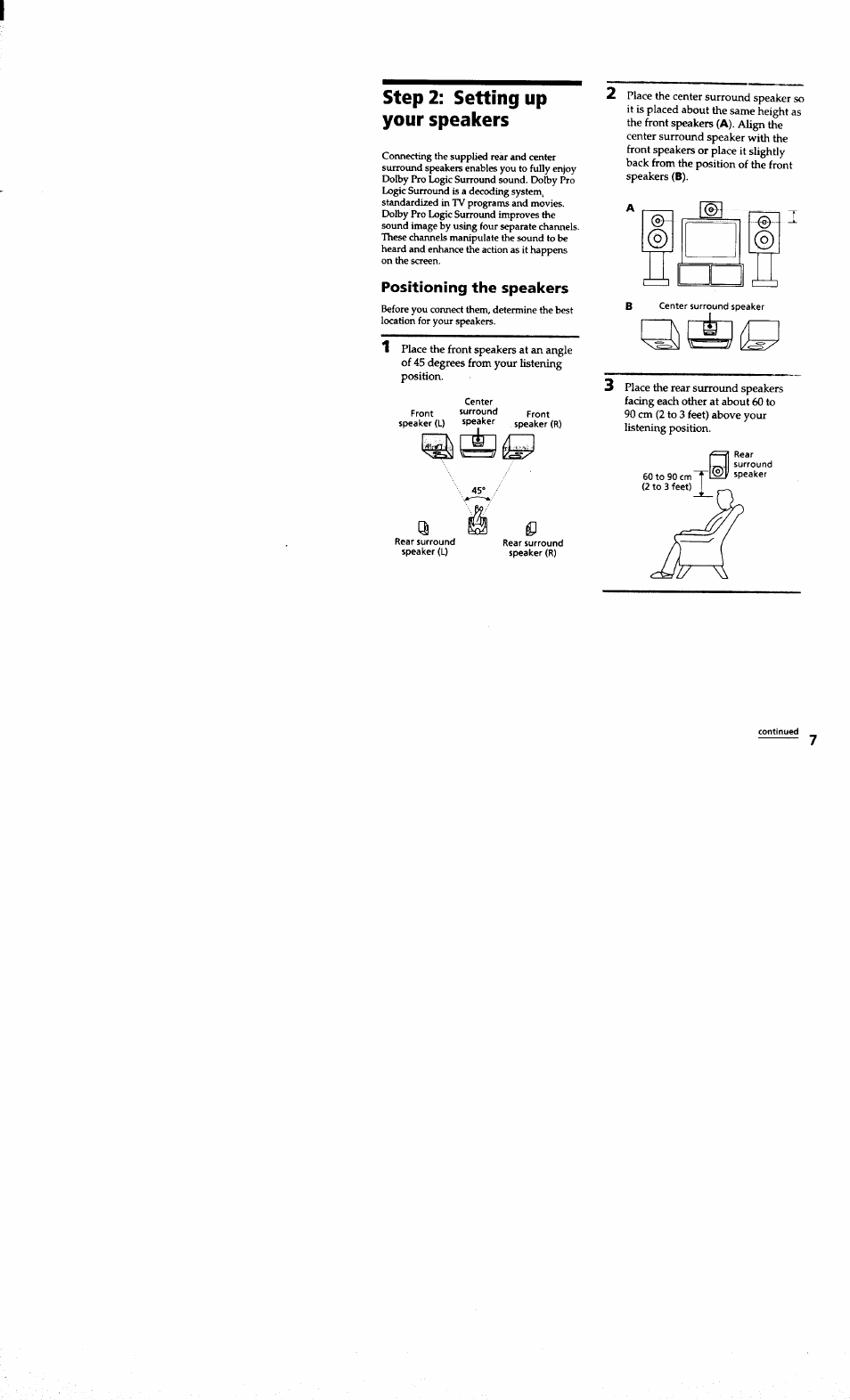 Step2: settingup your speakers, Positioning the speakers, Step 2: setting up your speakers | Sony MHC-RXD7AV User Manual | Page 7 / 44