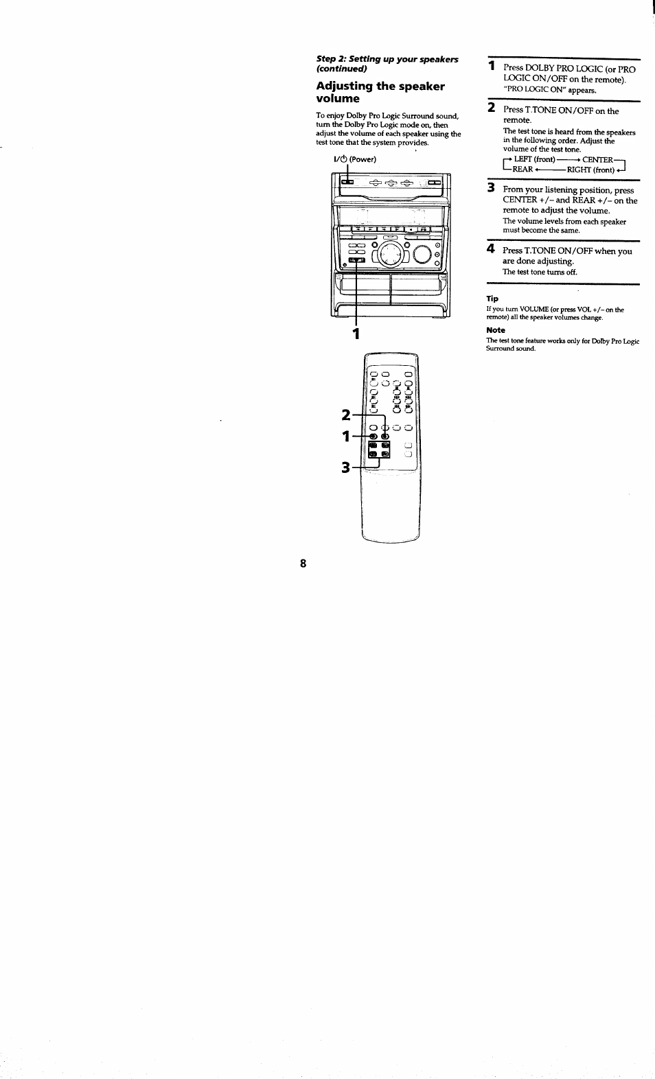 Adjusting the speaker volume, Note, Step | Sony MHC-RXD7AV User Manual | Page 8 / 44