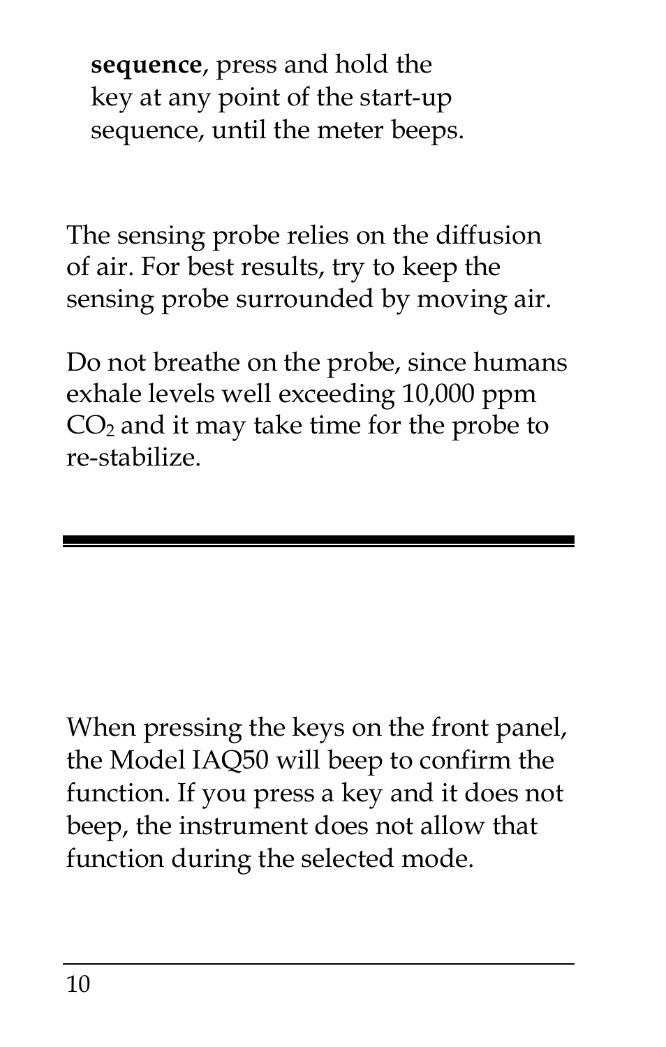 Using the sensing probe, Section 4 detailed operation, Keypad functions | TSI IAQ50 User Manual | Page 10 / 40