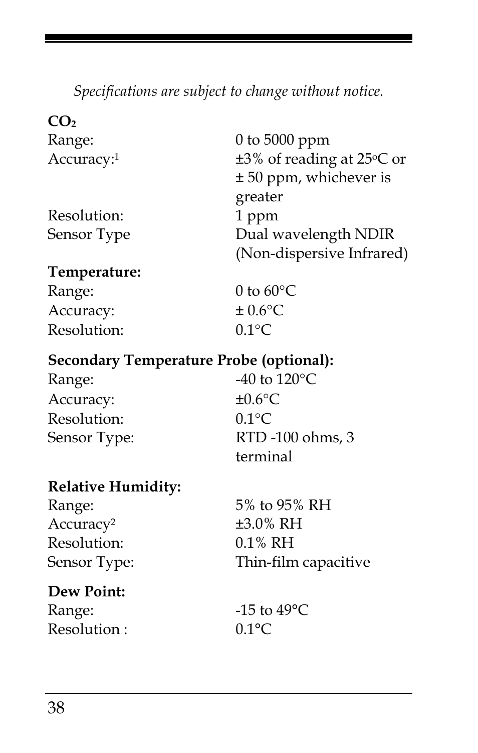 Specifications | TSI IAQ50 User Manual | Page 38 / 40