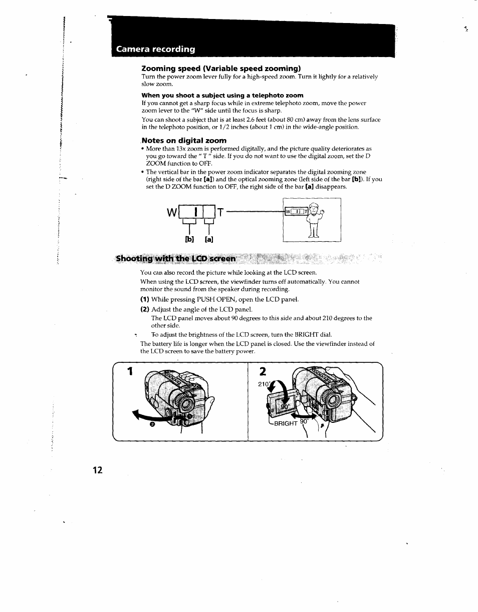 Zooming speed (variable speed zooming), Notes on digital zoom, B] [a | Shooting with ‘ttie lcd screen, Shooting with the lcd screen, Wl r, Camera recording | Sony CCD-TRV12 User Manual | Page 12 / 56