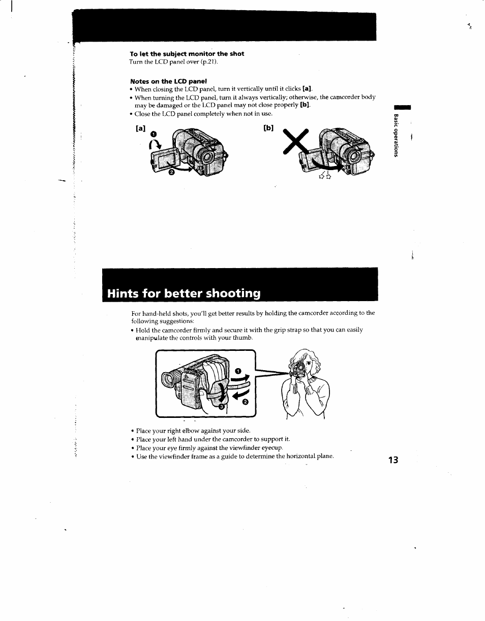 Notes on the lcd panel, Hints for better shooting | Sony CCD-TRV12 User Manual | Page 13 / 56