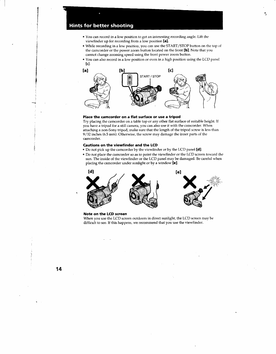 Hints for better shooting, Cautions on the viewfinder and the lcd, Note on the lcd screen | Sony CCD-TRV12 User Manual | Page 14 / 56