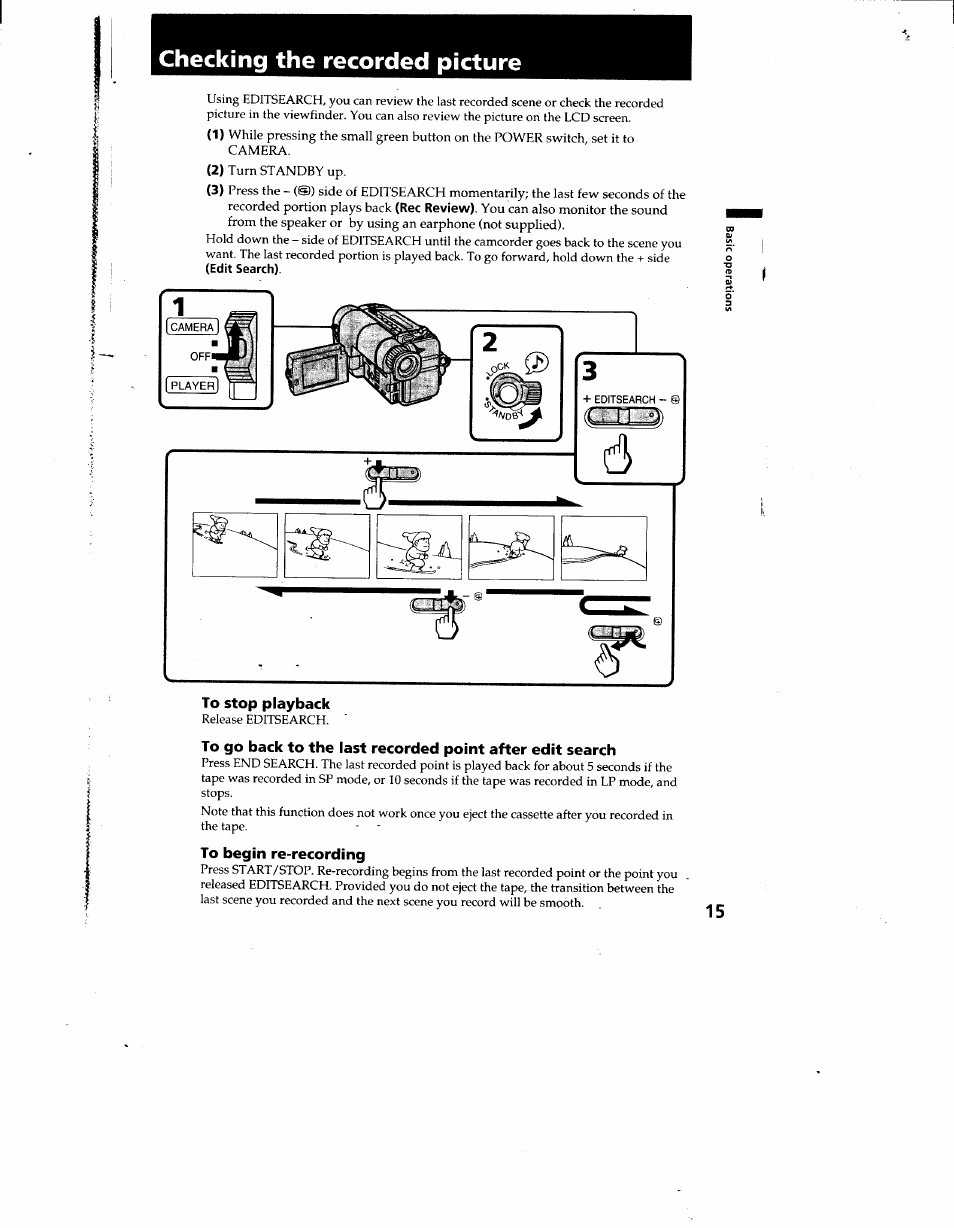 Checking the recorded picture, To stop playback, To begin re-recording | Sony CCD-TRV12 User Manual | Page 15 / 56