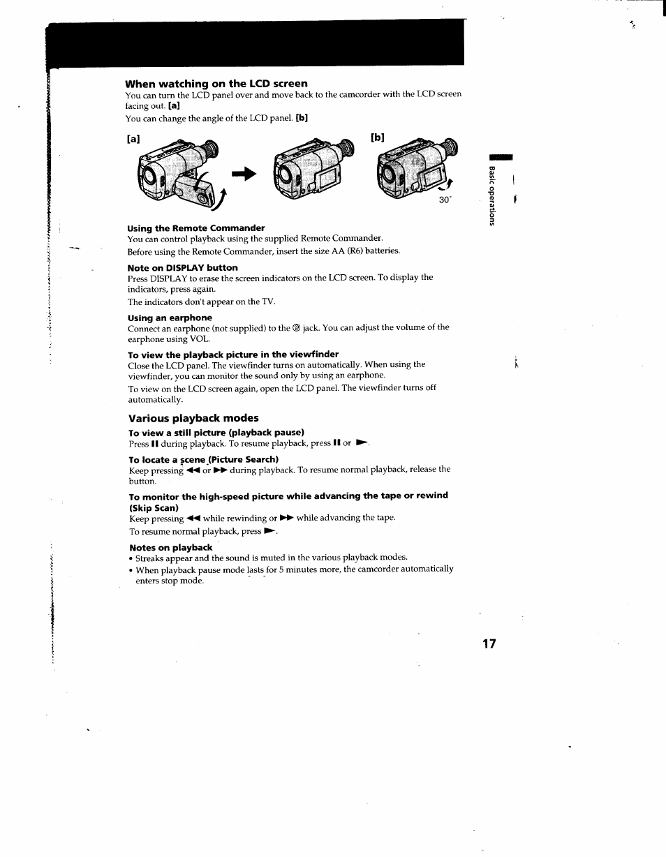 Using the remote commander, Note on display button, Various playback modes | To locate a scene (picture search) | Sony CCD-TRV12 User Manual | Page 17 / 56