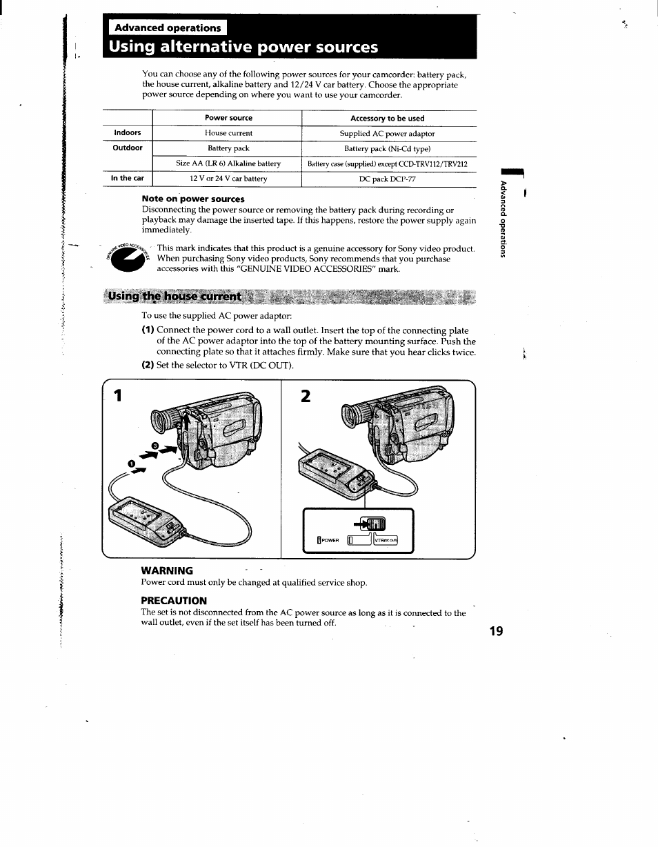 Advanced operations, Using alternative power sources, Note on power sources | Warning, Precaution | Sony CCD-TRV12 User Manual | Page 19 / 56