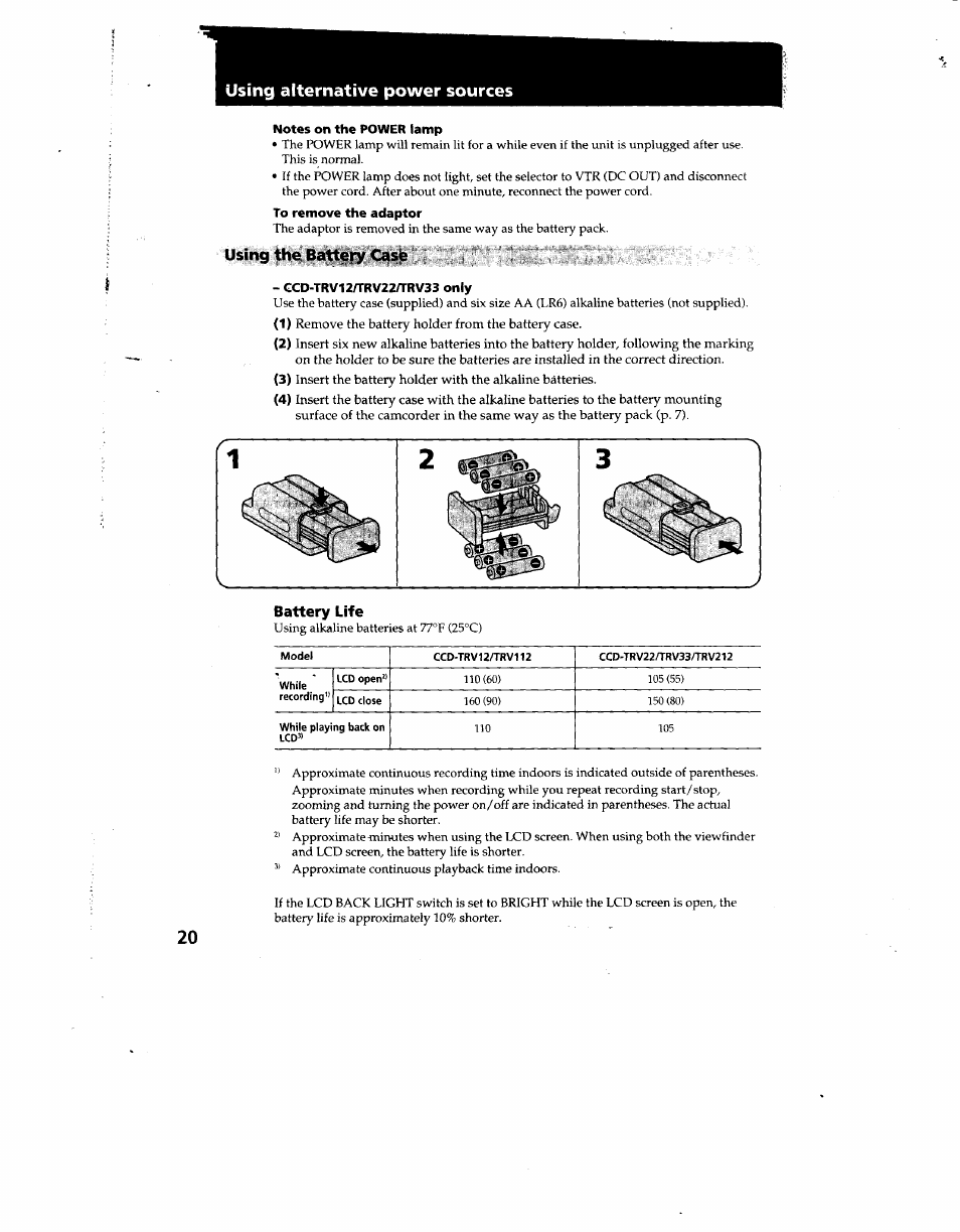 Using alternative power sources, Notes on the power lamp, To remove the adaptor | Using the battery case, Gcd-trv12/trv22n-rv33 only, Battery life | Sony CCD-TRV12 User Manual | Page 20 / 56