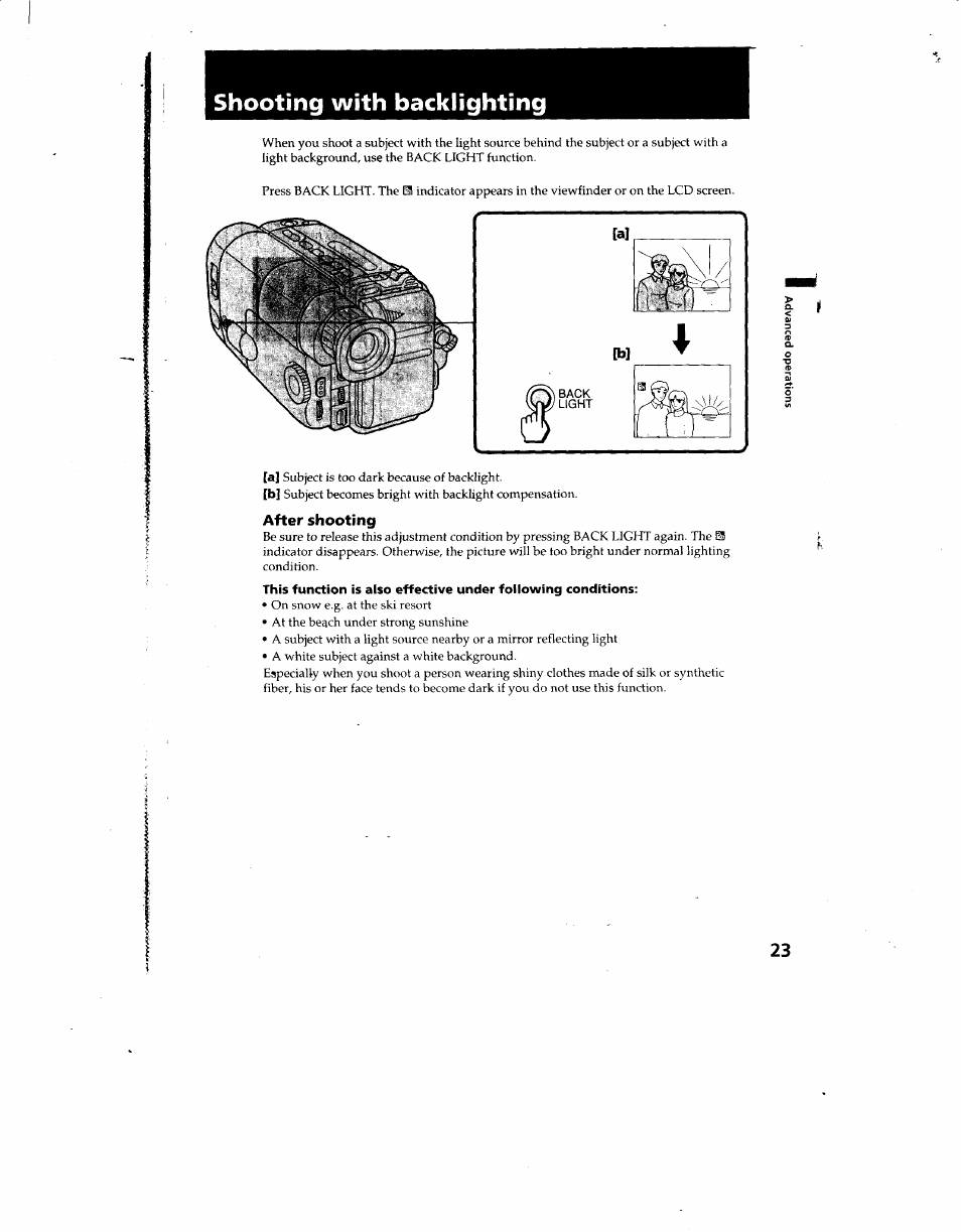 Shooting with backlighting, After shooting | Sony CCD-TRV12 User Manual | Page 23 / 56