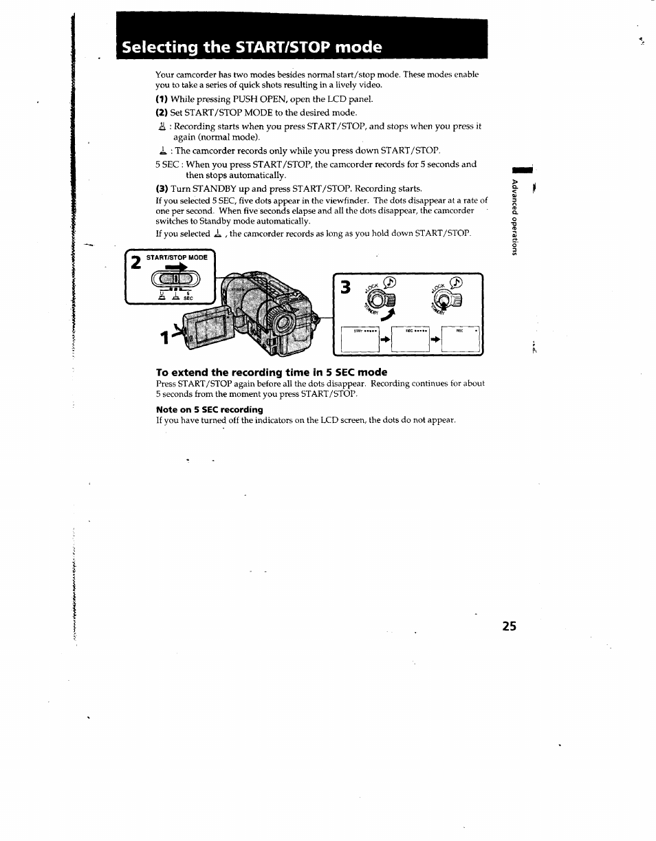 Selecting the start/stop mode, To extend the recording time in 5 sec mode, Note on 5 sec recording | Sony CCD-TRV12 User Manual | Page 25 / 56