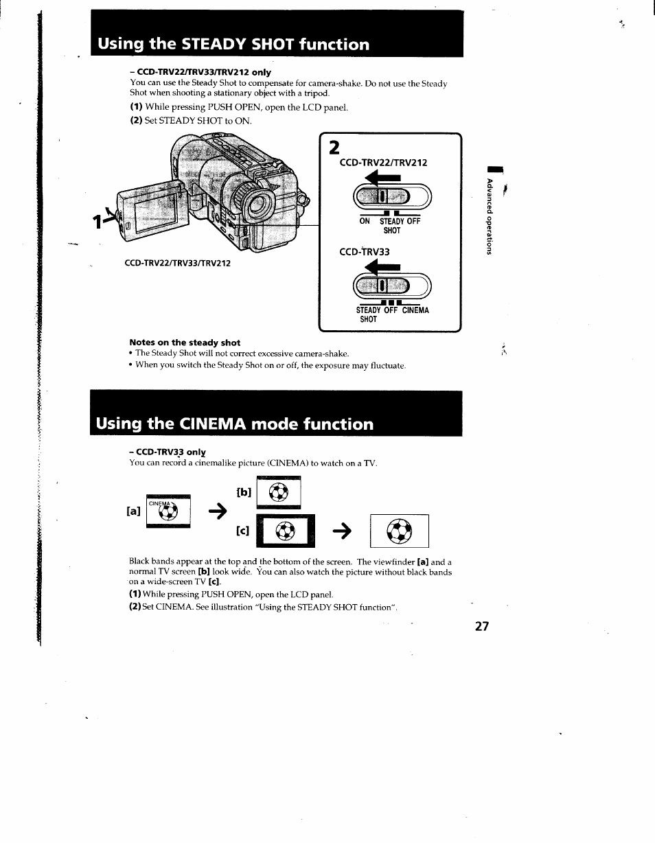 Using the steady shot function, Ccd-trv22/trv33/trv212 only, Notes on the steady shot | Using the cinema mode function, Ccd-trv33 only, Ccd-trv33 only) | Sony CCD-TRV12 User Manual | Page 27 / 56