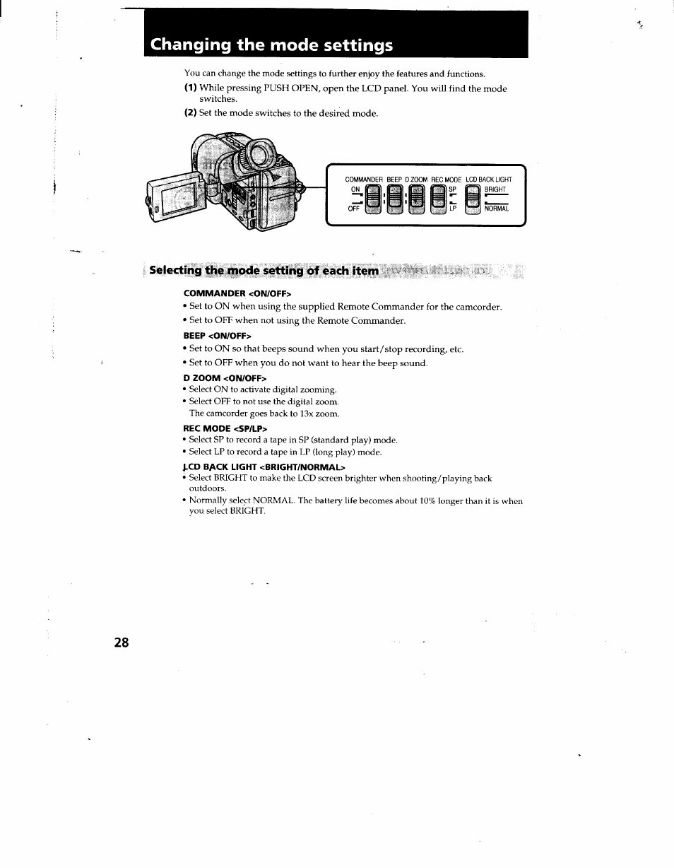 Changing the mode settings, Selecting the mode setting of each item | Sony CCD-TRV12 User Manual | Page 28 / 56