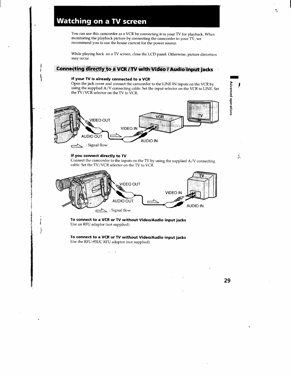 Watching on a tv screen, If your tv is already connected to a vcr, If you connect directly to tv | Sony CCD-TRV12 User Manual | Page 29 / 56