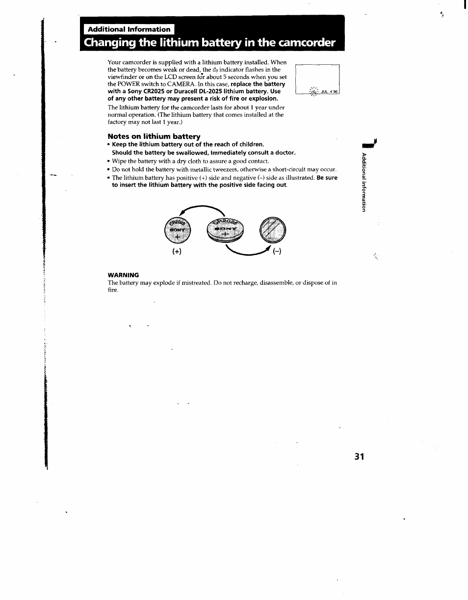 Changing the lithium battery in the camcorder, Notes on lithium battery, Warning | Sony CCD-TRV12 User Manual | Page 31 / 56