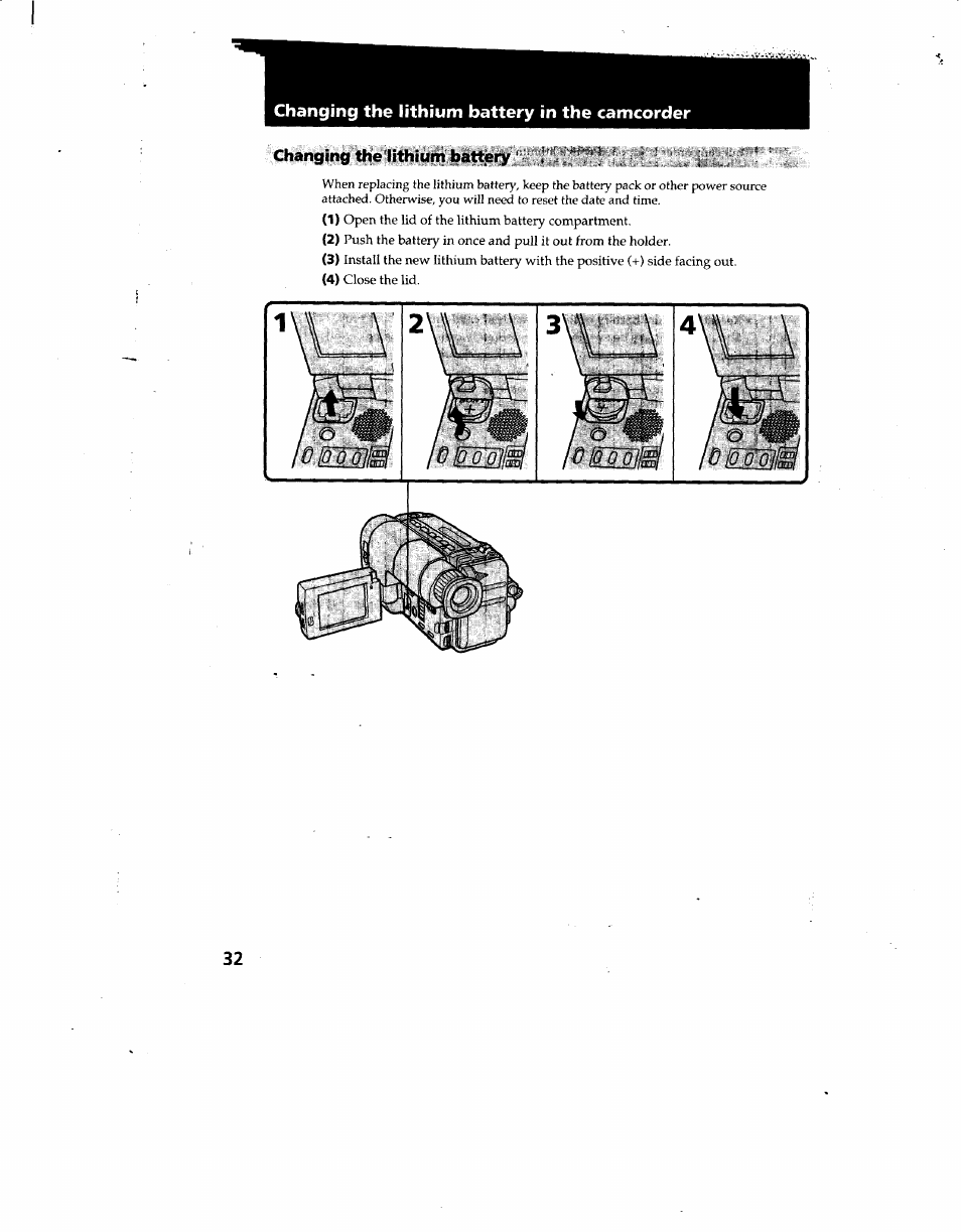 Changing the lithium battery in the camcorder, Changing the lithium battery | Sony CCD-TRV12 User Manual | Page 32 / 56