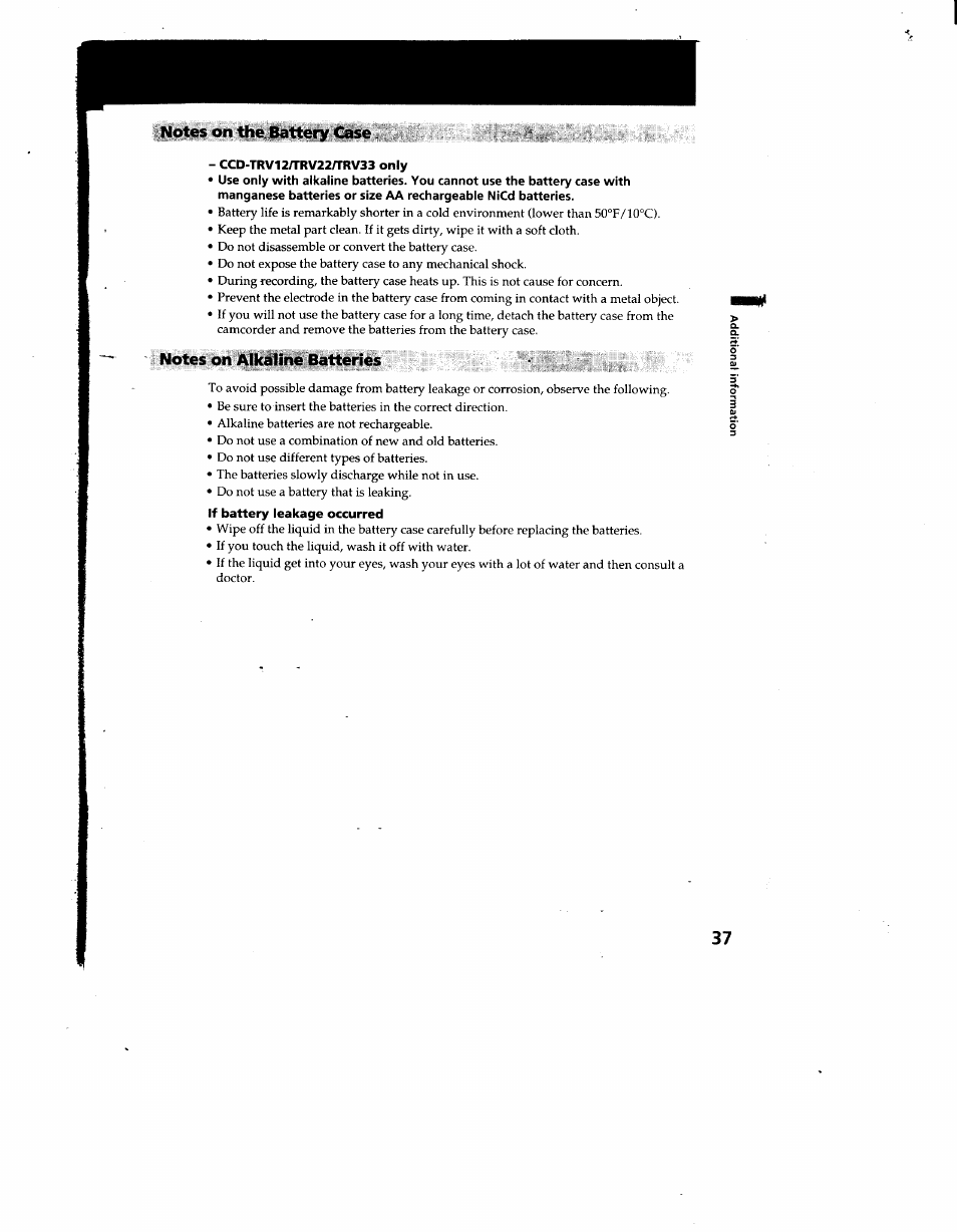 Notes on thejbattery case, Ccd-trv12n'rv22atrv33 only, Notes on alkaline batteries | If battery leakage occurred | Sony CCD-TRV12 User Manual | Page 37 / 56