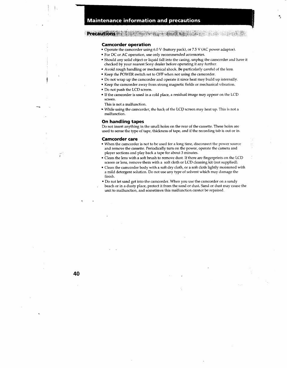 Maintenance information and precautions, Precautions, Camcorder operation | On handling tapes, Camcorder care | Sony CCD-TRV12 User Manual | Page 40 / 56