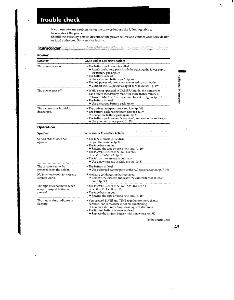 Trouble check | Sony CCD-TRV12 User Manual | Page 43 / 56