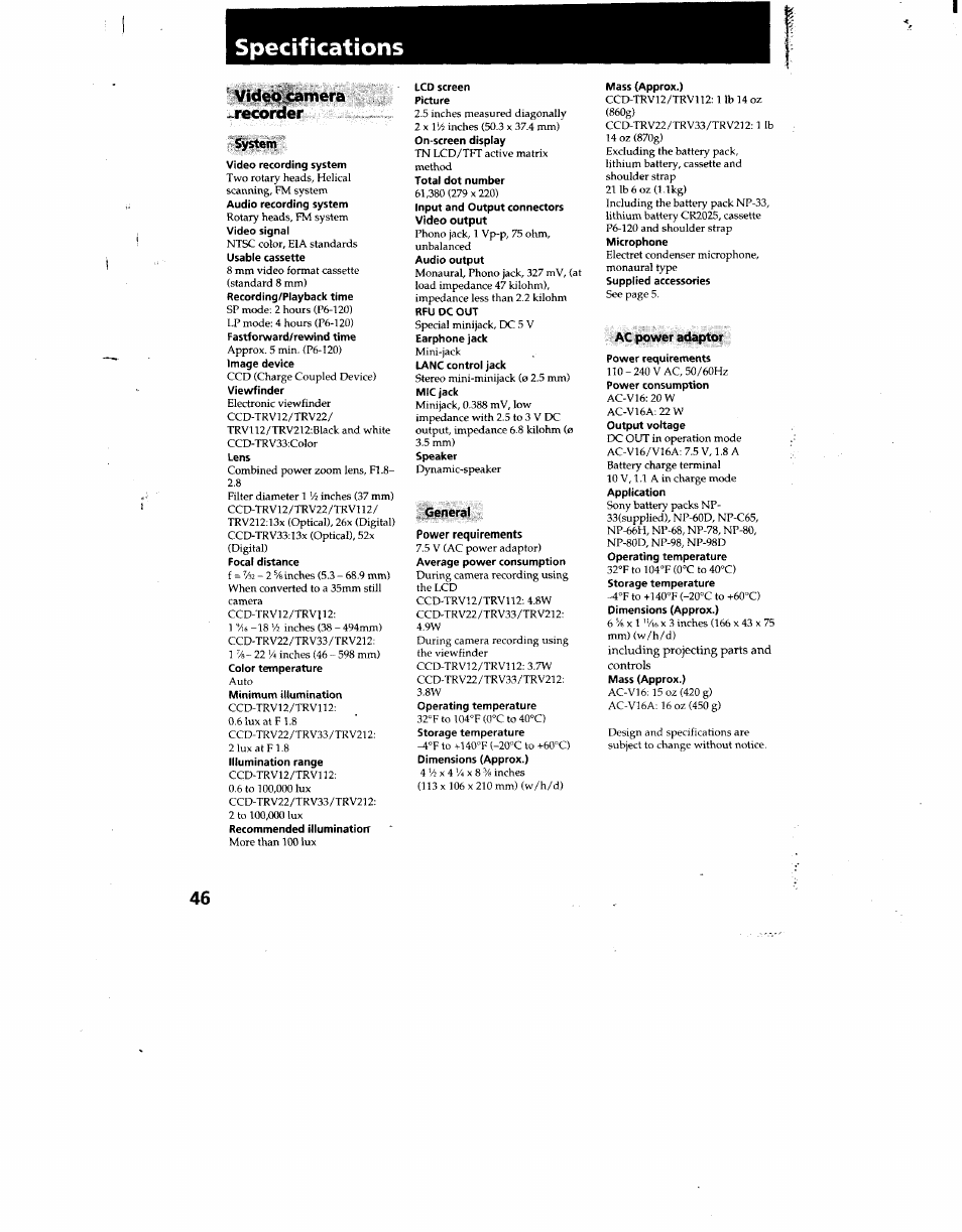 Specifications, Vid^jsimera ..recorder, System | General, Power requirements, Ac power adaptor | Sony CCD-TRV12 User Manual | Page 46 / 56