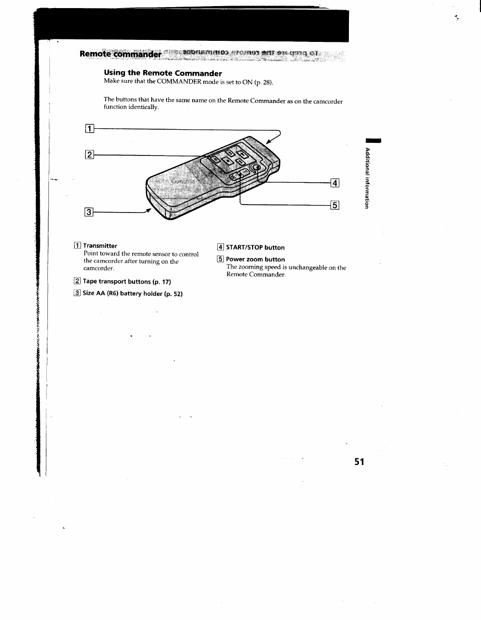 Using the remote commander, Q] transmitter, 2] tape transport buttons (p. 17) | 3] size aa (r6) battery holder (p. 52), G] start/stop button power zoom button | Sony CCD-TRV12 User Manual | Page 51 / 56