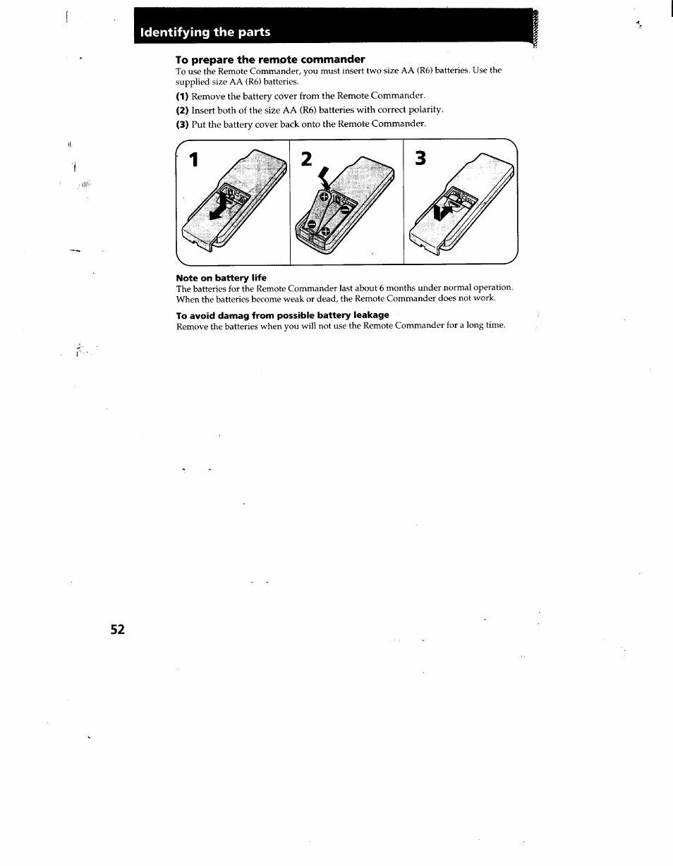 To prepare the remote commander, Note on battery life, To avoid damag from possible battery leakage | Identifying the parts | Sony CCD-TRV12 User Manual | Page 52 / 56