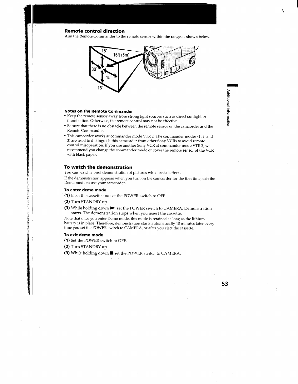 Remote control direction, Notes on the remote commander, To watch the demonstration | To enter demo mode, To exit demo mode | Sony CCD-TRV12 User Manual | Page 53 / 56