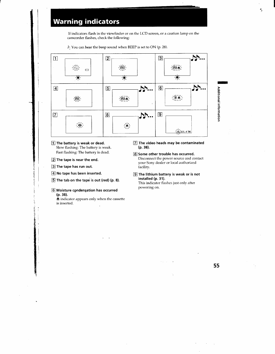Warning indicators | Sony CCD-TRV12 User Manual | Page 55 / 56